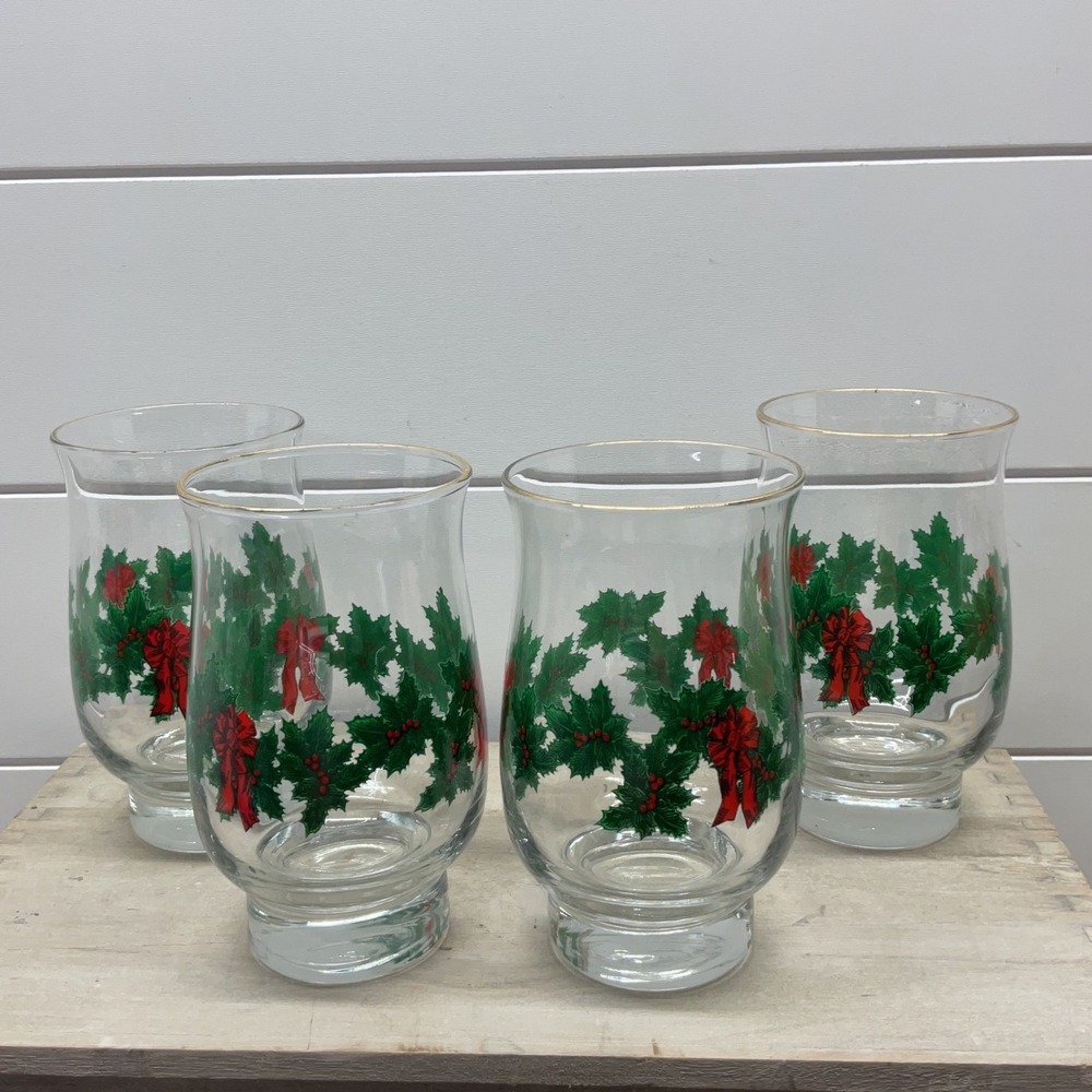 Libby Christmas Holly Gold Rim Hurricane Glasses Set of 4 Vintage Holiday